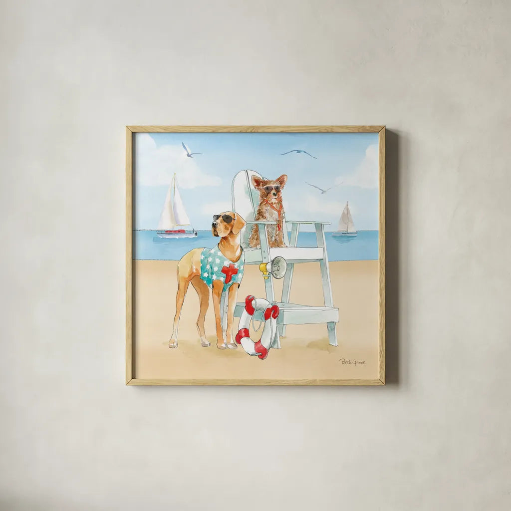 Summer Fun at the Beach IV by Beth Grove. Shown in a natural wood glass frame for a timeless modern aesthetic. Available as an archival giclee rolled canvas, fine art paper, or poster print. SKU 78941a.
