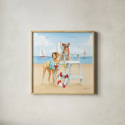Summer Fun at the Beach IV by Beth Grove. Shown in a natural wood glass frame for a timeless modern aesthetic. Available as an archival giclee rolled canvas, fine art paper, or poster print. SKU 78941a.