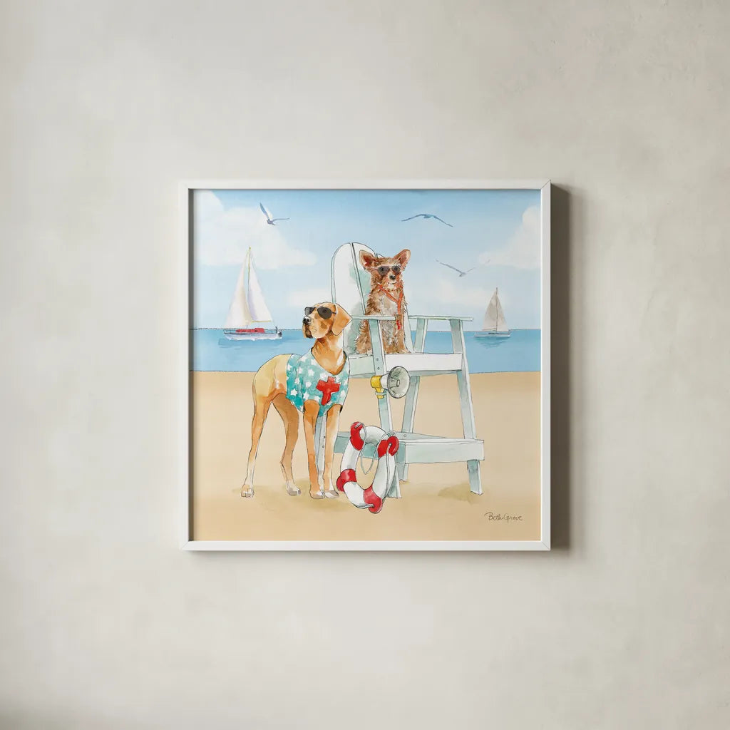 Summer Fun at the Beach IV by Beth Grove. Shown in a crisp white glass frame for a clean and minimalist style. Available as an archival giclee rolled canvas, fine art paper, or poster print. SKU 78941a.