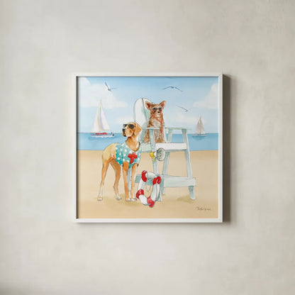 Summer Fun at the Beach IV by Beth Grove. Shown in a crisp white glass frame for a clean and minimalist style. Available as an archival giclee rolled canvas, fine art paper, or poster print. SKU 78941a.