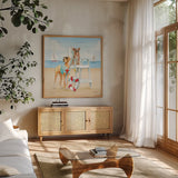 Summer Fun at the Beach IV by Beth Grove. Shown in a natural wood frame in a cozy modern living room. Available as an archival giclee rolled canvas, fine art paper, or poster print. SKU 78941a.
