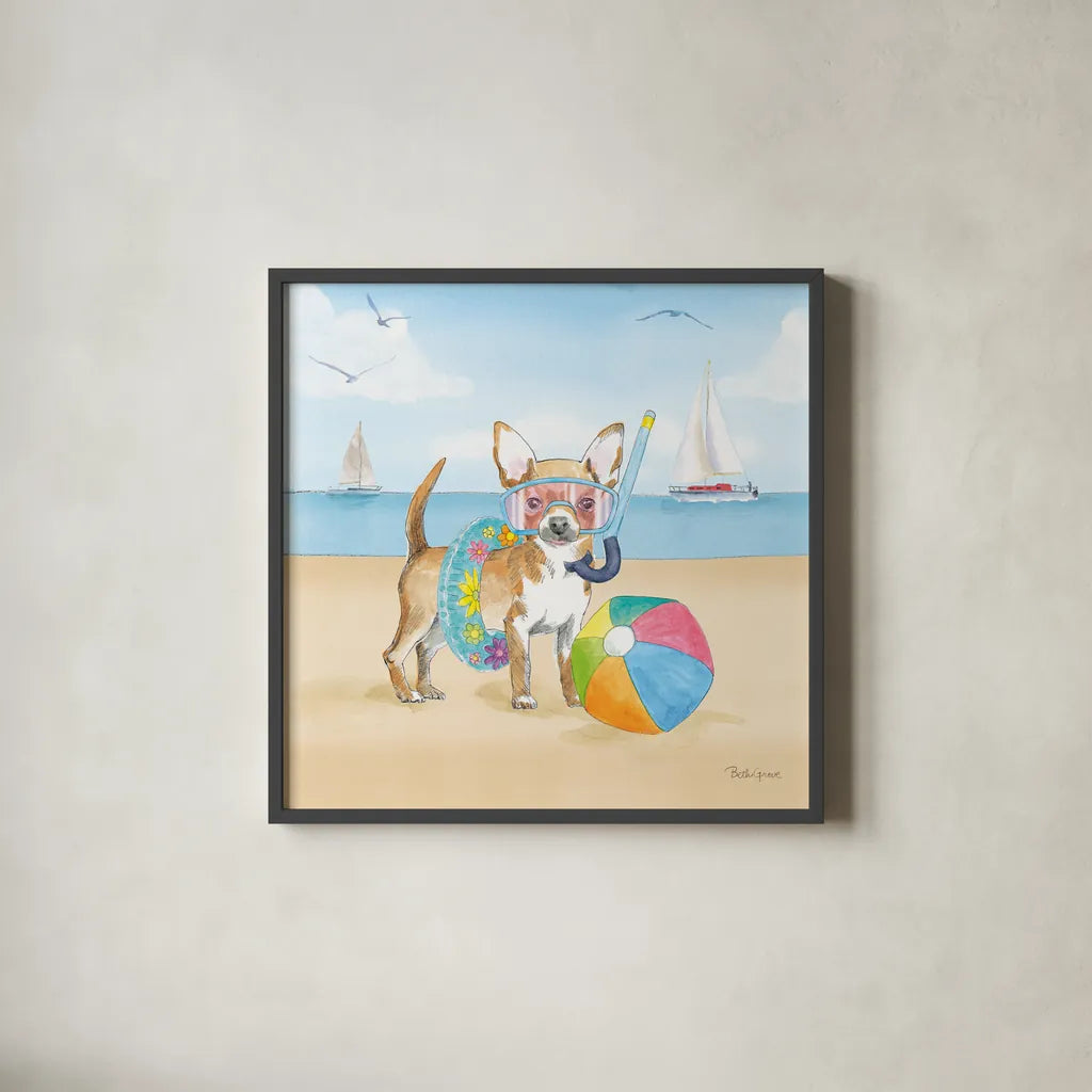 Summer Paws II No Words by Beth Grove. Shown in a sleek black glass frame for a contemporary gallery look. Available as an archival giclee rolled canvas, fine art paper, or poster print. SKU 48911a.