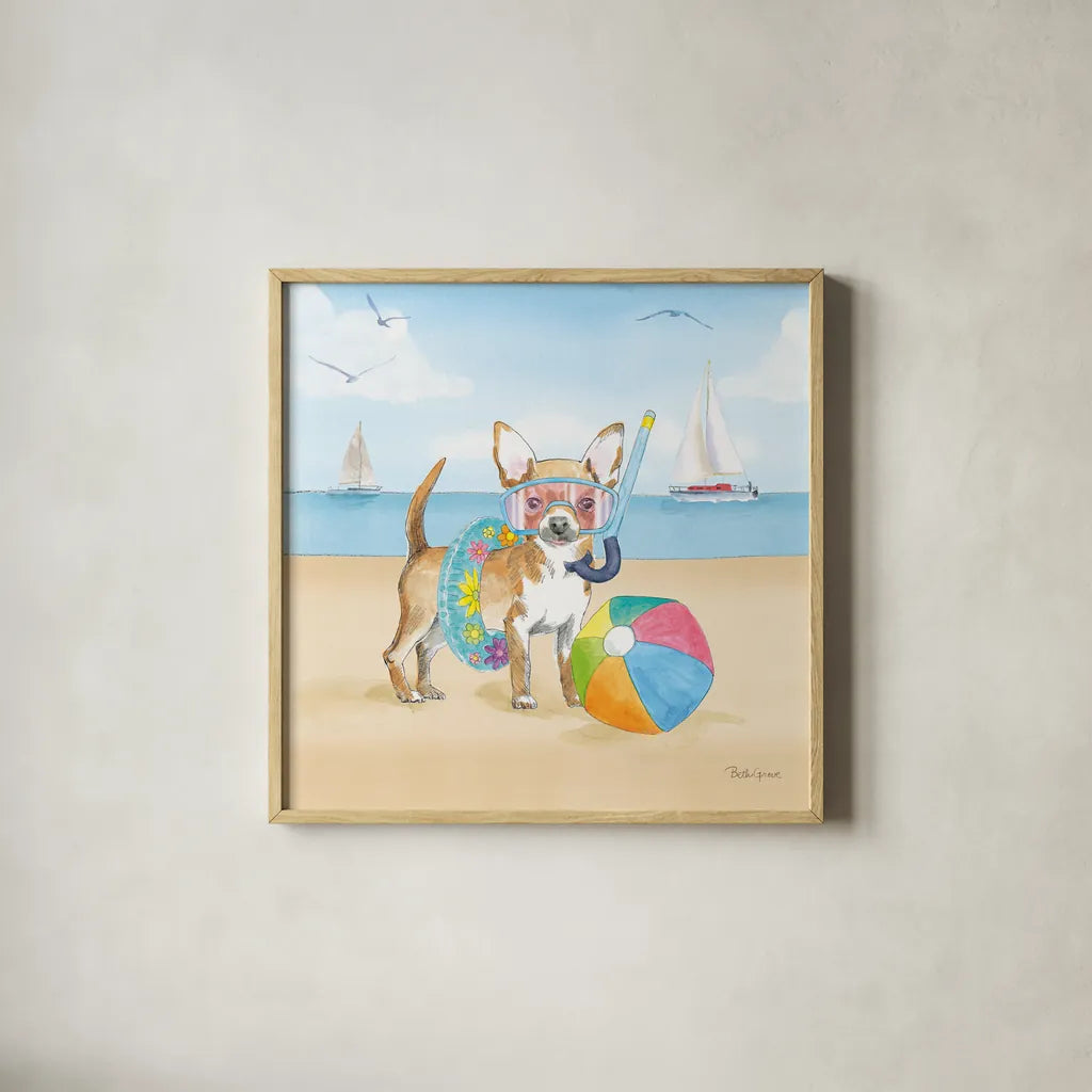 Summer Paws II No Words by Beth Grove. Shown in a natural wood glass frame for a timeless modern aesthetic. Available as an archival giclee rolled canvas, fine art paper, or poster print. SKU 48911a.