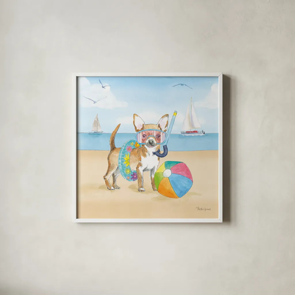 Summer Paws II No Words by Beth Grove. Shown in a crisp white glass frame for a clean and minimalist style. Available as an archival giclee rolled canvas, fine art paper, or poster print. SKU 48911a.