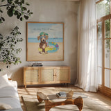 Summer Paws III by Beth Grove. Shown in a natural wood frame in a cozy modern living room. Available as an archival giclee rolled canvas, fine art paper, or poster print. SKU 48185a.