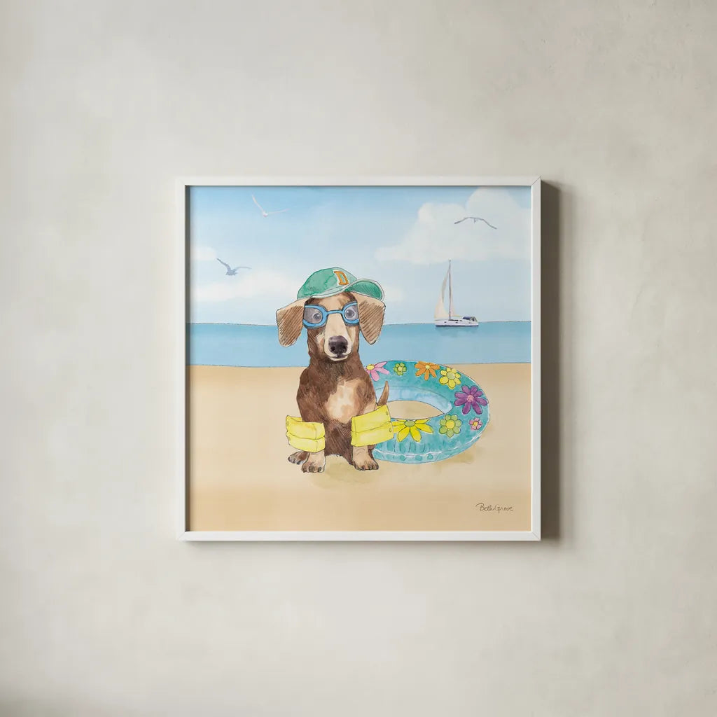 Summer Paws III No Words by Beth Grove. Shown in a crisp white glass frame for a clean and minimalist style. Available as an archival giclee rolled canvas, fine art paper, or poster print. SKU 48912a.