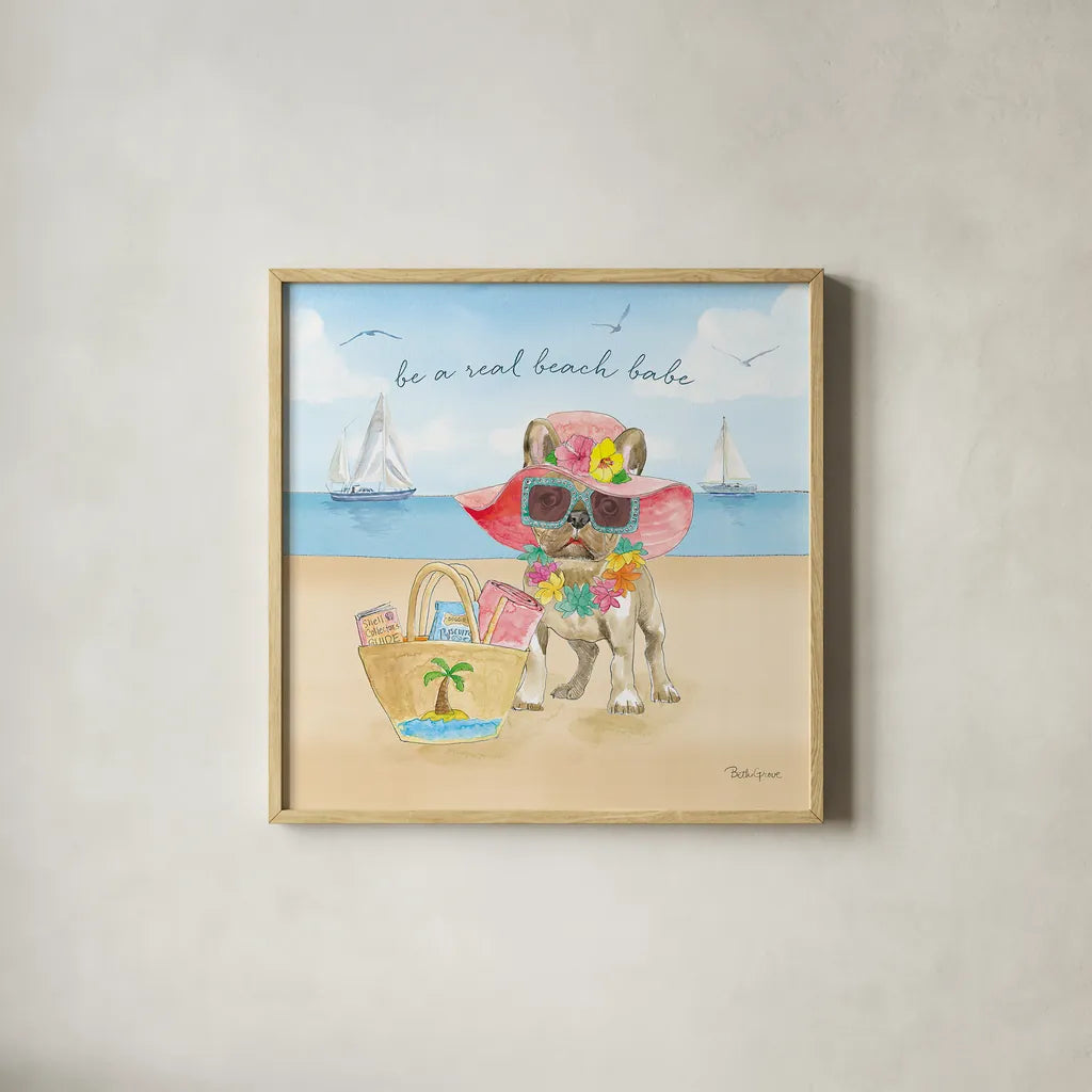 Summer Paws IV by Beth Grove. Shown in a natural wood glass frame for a timeless modern aesthetic. Available as an archival giclee rolled canvas, fine art paper, or poster print. SKU 48186a.