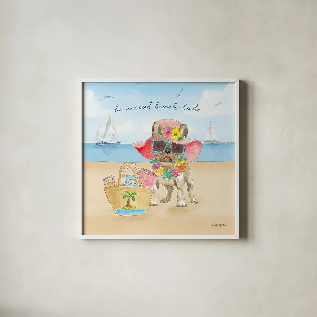 Summer Paws IV by Beth Grove. Shown in a crisp white glass frame for a clean and minimalist style. Available as an archival giclee rolled canvas, fine art paper, or poster print. SKU 48186a.