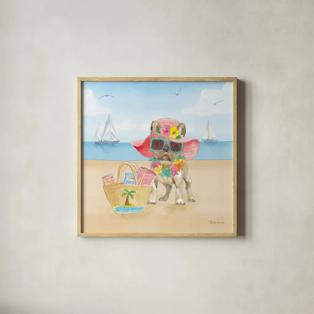 Summer Paws IV No Words by Beth Grove. Shown in a natural wood glass frame for a timeless modern aesthetic. Available as an archival giclee rolled canvas, fine art paper, or poster print. SKU 48913a.