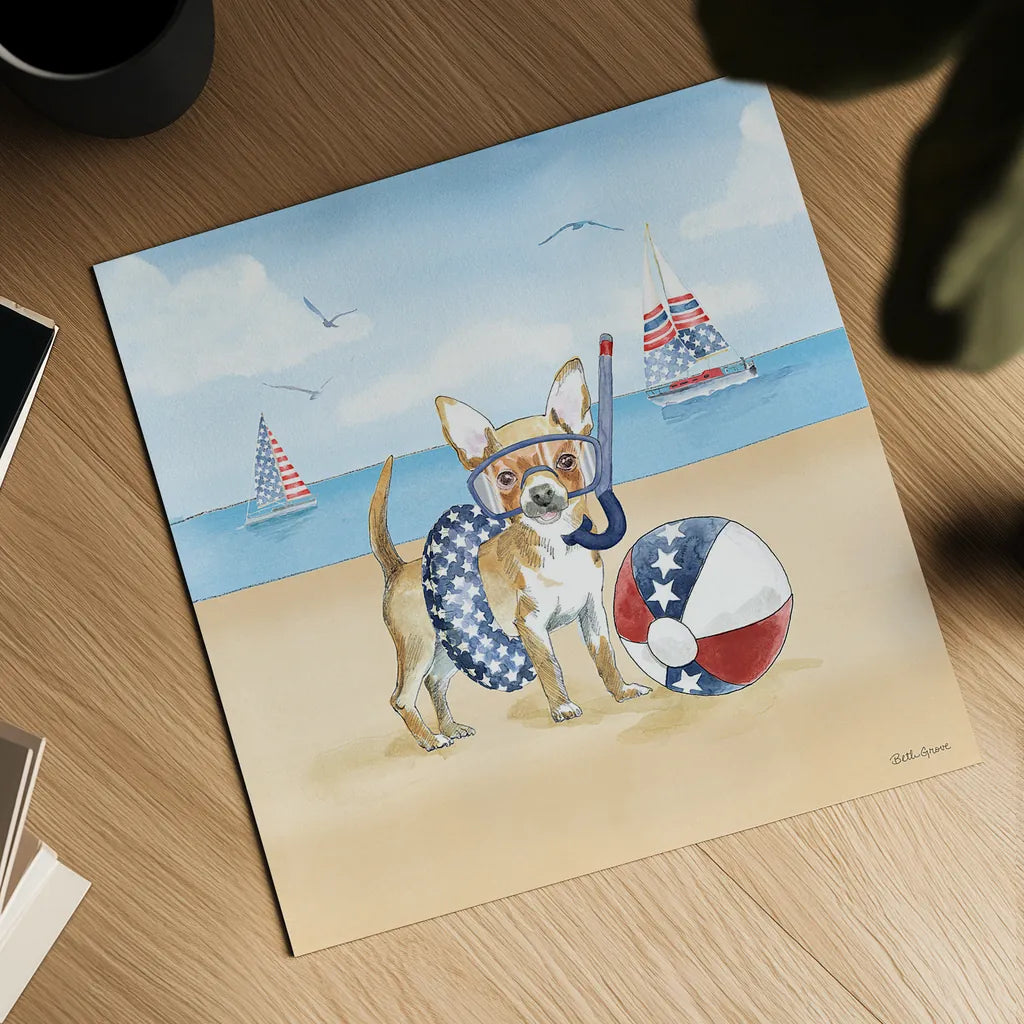 Summer Paws Patriotic II by Beth Grove. Shown as a detailed flat fine art print, highlighting archival giclee quality. Available as an archival giclee rolled canvas, fine art paper, or poster print. SKU 57362a.