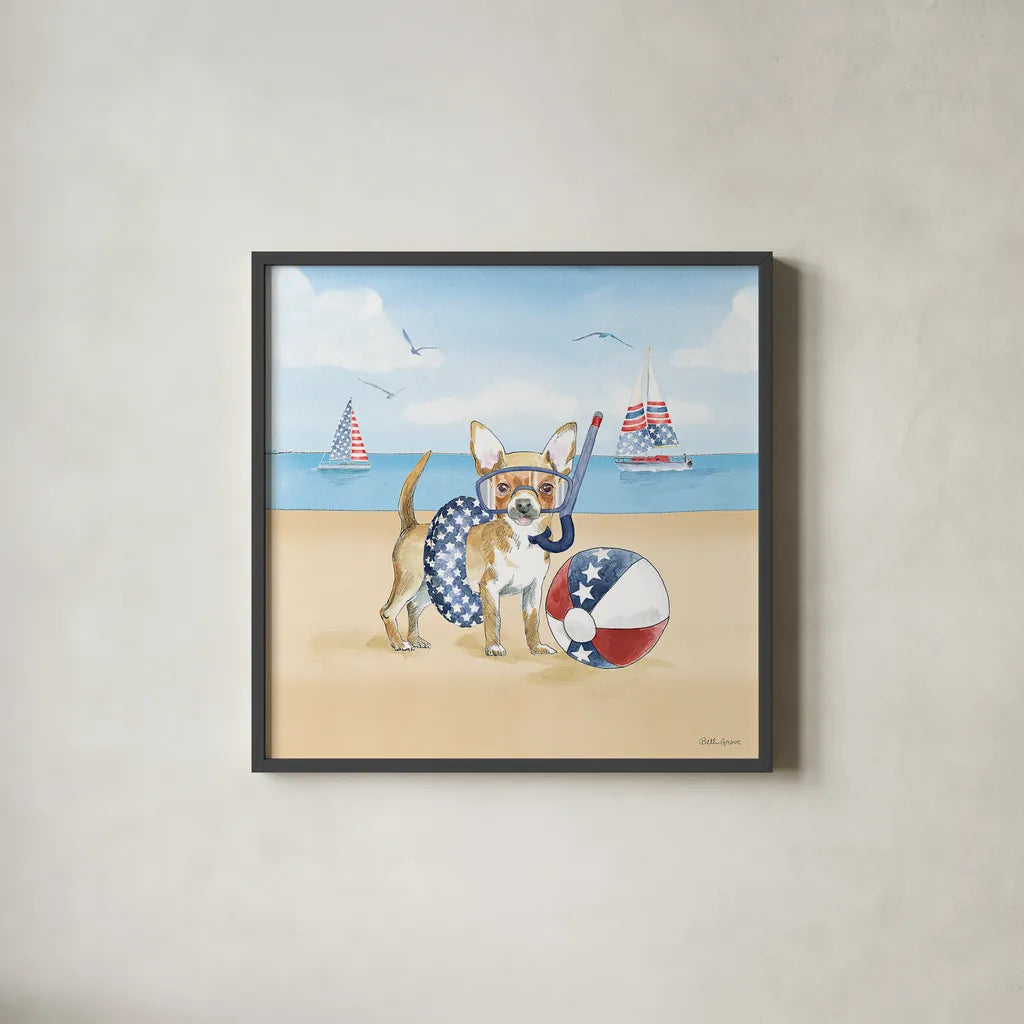 Summer Paws Patriotic II by Beth Grove. Shown in a sleek black glass frame for a contemporary gallery look. Available as an archival giclee rolled canvas, fine art paper, or poster print. SKU 57362a.