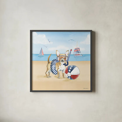 Summer Paws Patriotic II by Beth Grove. Shown in a sleek black glass frame for a contemporary gallery look. Available as an archival giclee rolled canvas, fine art paper, or poster print. SKU 57362a.