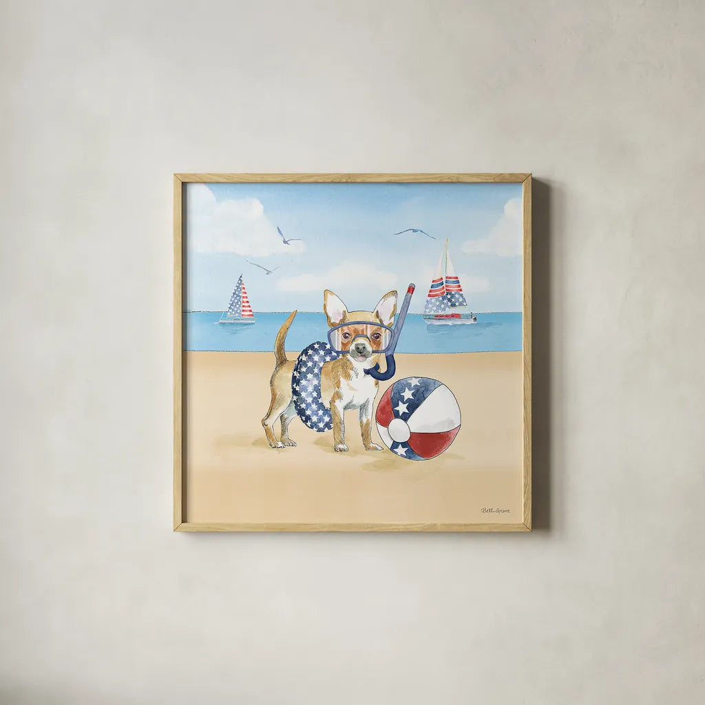Summer Paws Patriotic II by Beth Grove. Shown in a natural wood glass frame for a timeless modern aesthetic. Available as an archival giclee rolled canvas, fine art paper, or poster print. SKU 57362a.