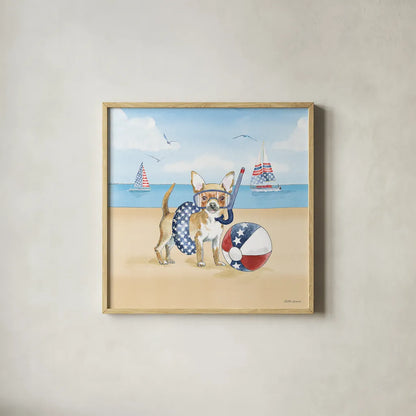 Summer Paws Patriotic II by Beth Grove. Shown in a natural wood glass frame for a timeless modern aesthetic. Available as an archival giclee rolled canvas, fine art paper, or poster print. SKU 57362a.