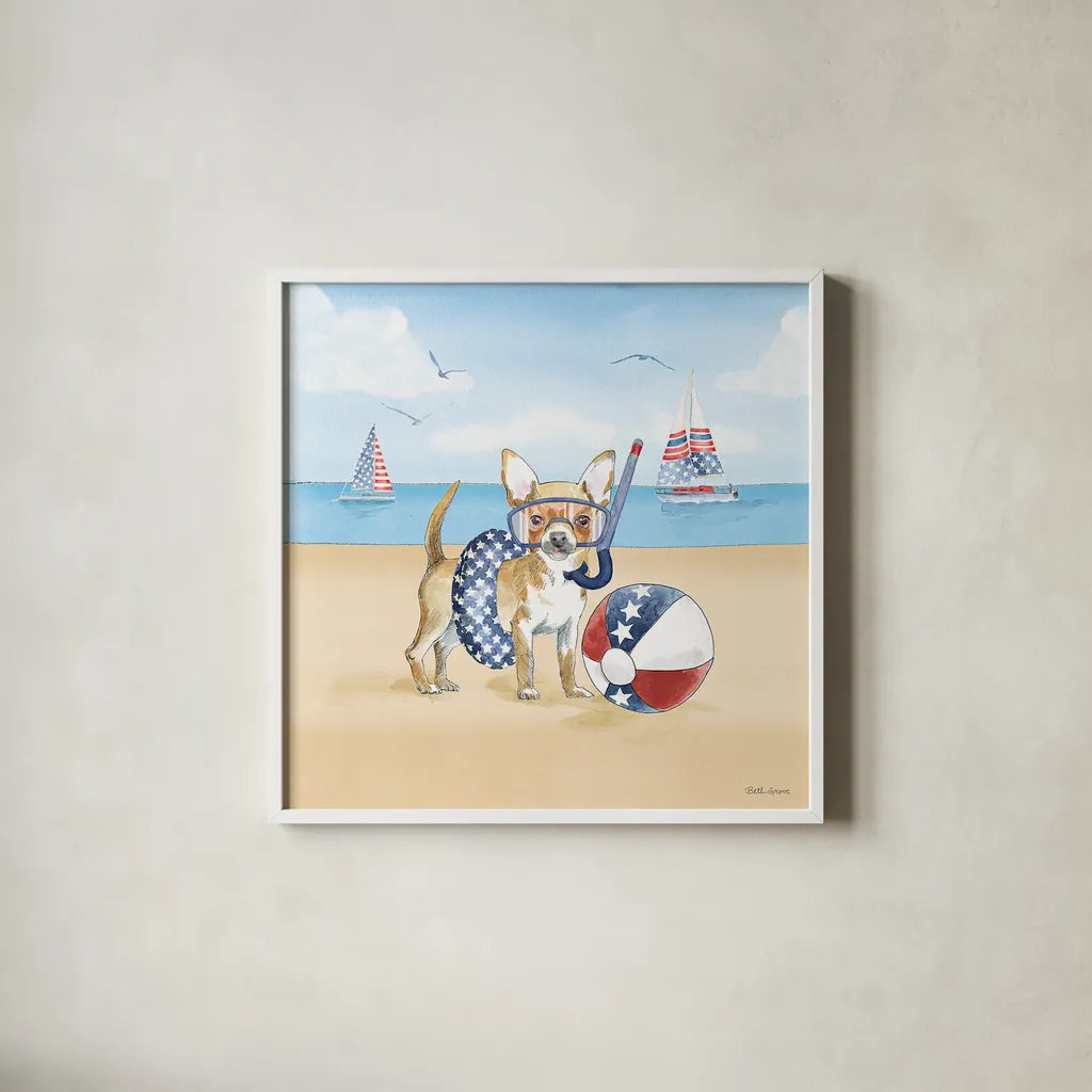 Summer Paws Patriotic II by Beth Grove. Shown in a crisp white glass frame for a clean and minimalist style. Available as an archival giclee rolled canvas, fine art paper, or poster print. SKU 57362a.