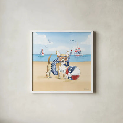 Summer Paws Patriotic II by Beth Grove. Shown in a crisp white glass frame for a clean and minimalist style. Available as an archival giclee rolled canvas, fine art paper, or poster print. SKU 57362a.