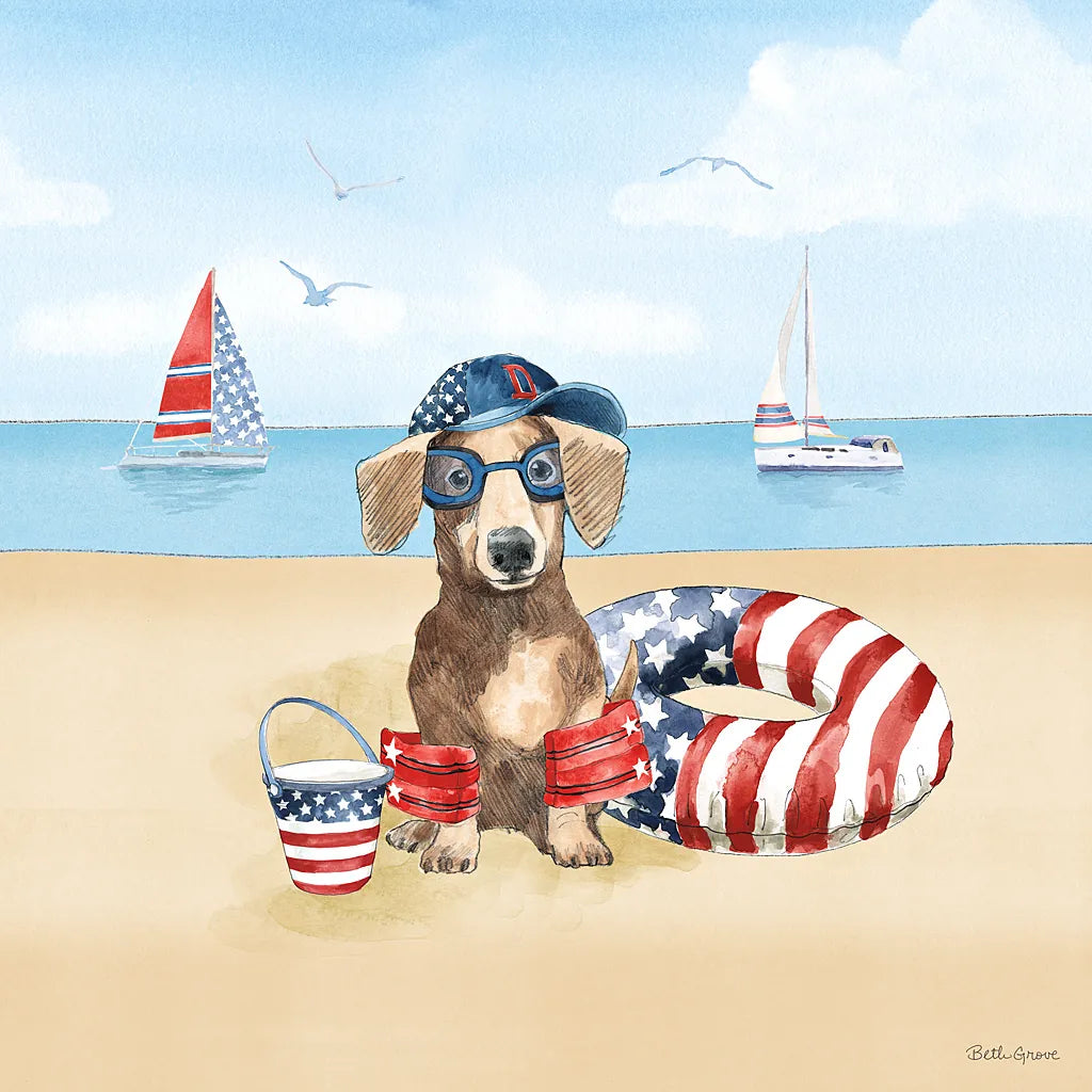 Summer Paws Patriotic III by Beth Grove. SKU 57364a. Archival Giclee Fine art print for wall decor.