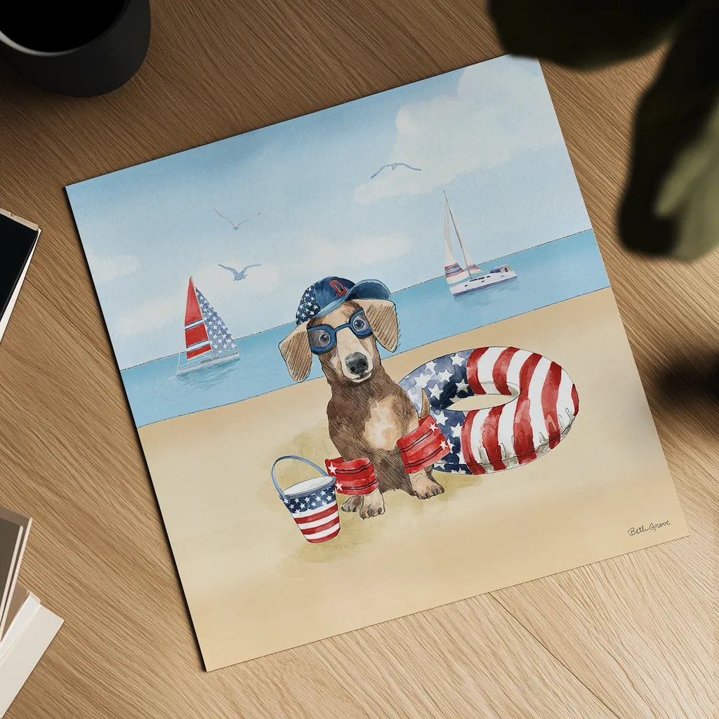 Summer Paws Patriotic III by Beth Grove. Shown as a detailed flat fine art print, highlighting archival giclee quality. Available as an archival giclee rolled canvas, fine art paper, or poster print. SKU 57364a.