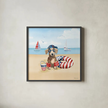 Summer Paws Patriotic III by Beth Grove. Shown in a sleek black glass frame for a contemporary gallery look. Available as an archival giclee rolled canvas, fine art paper, or poster print. SKU 57364a.