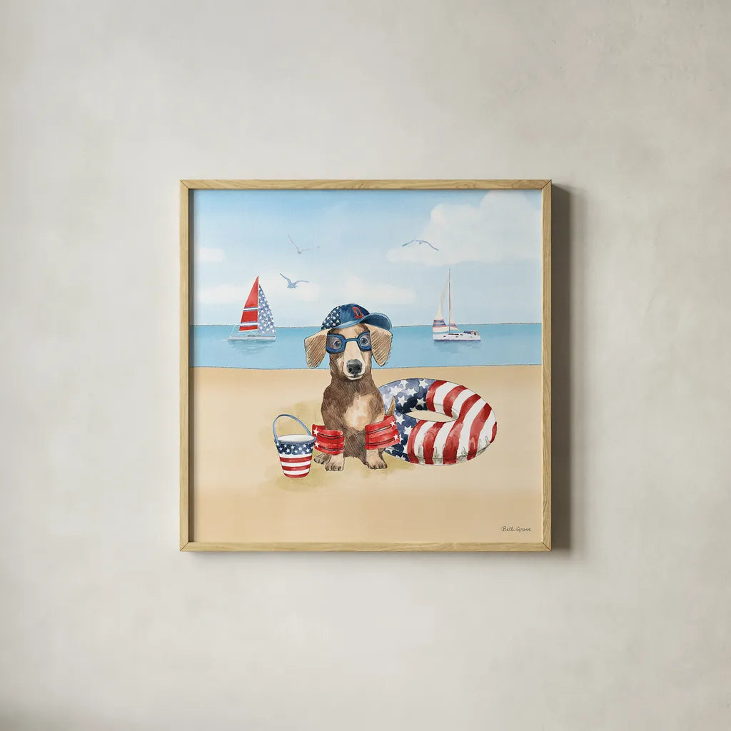 Summer Paws Patriotic III by Beth Grove. Shown in a natural wood glass frame for a timeless modern aesthetic. Available as an archival giclee rolled canvas, fine art paper, or poster print. SKU 57364a.