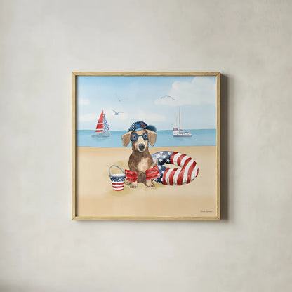 Summer Paws Patriotic III by Beth Grove. Shown in a natural wood glass frame for a timeless modern aesthetic. Available as an archival giclee rolled canvas, fine art paper, or poster print. SKU 57364a.