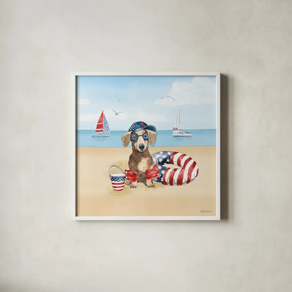 Summer Paws Patriotic III by Beth Grove. Shown in a crisp white glass frame for a clean and minimalist style. Available as an archival giclee rolled canvas, fine art paper, or poster print. SKU 57364a.