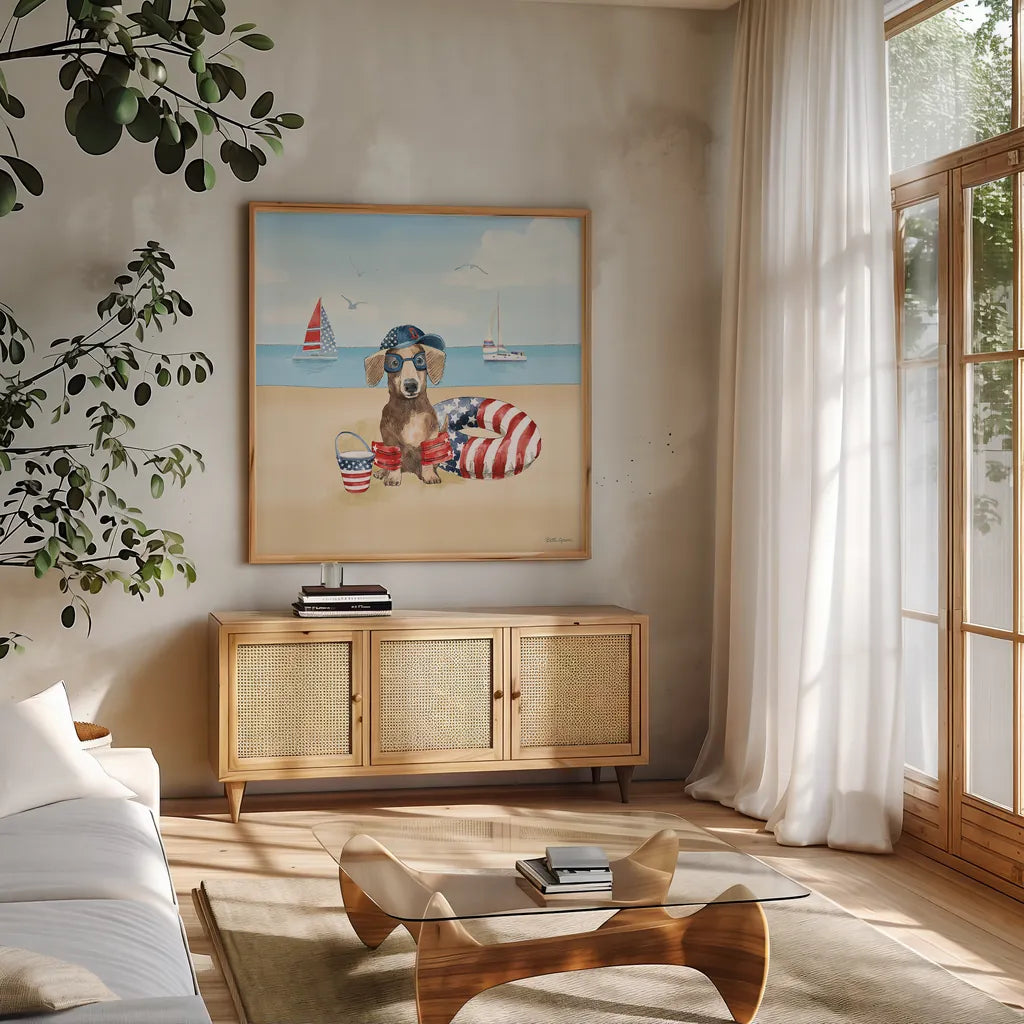 Summer Paws Patriotic III by Beth Grove. Shown in a natural wood frame in a cozy modern living room. Available as an archival giclee rolled canvas, fine art paper, or poster print. SKU 57364a.