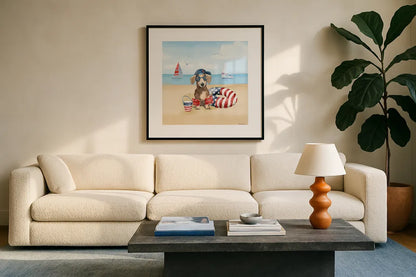 Summer Paws Patriotic III by Beth Grove. Displayed in a glass frame with matte in a clean modern living room. Available as an archival giclee rolled canvas, fine art paper, or poster print. SKU 57364a.