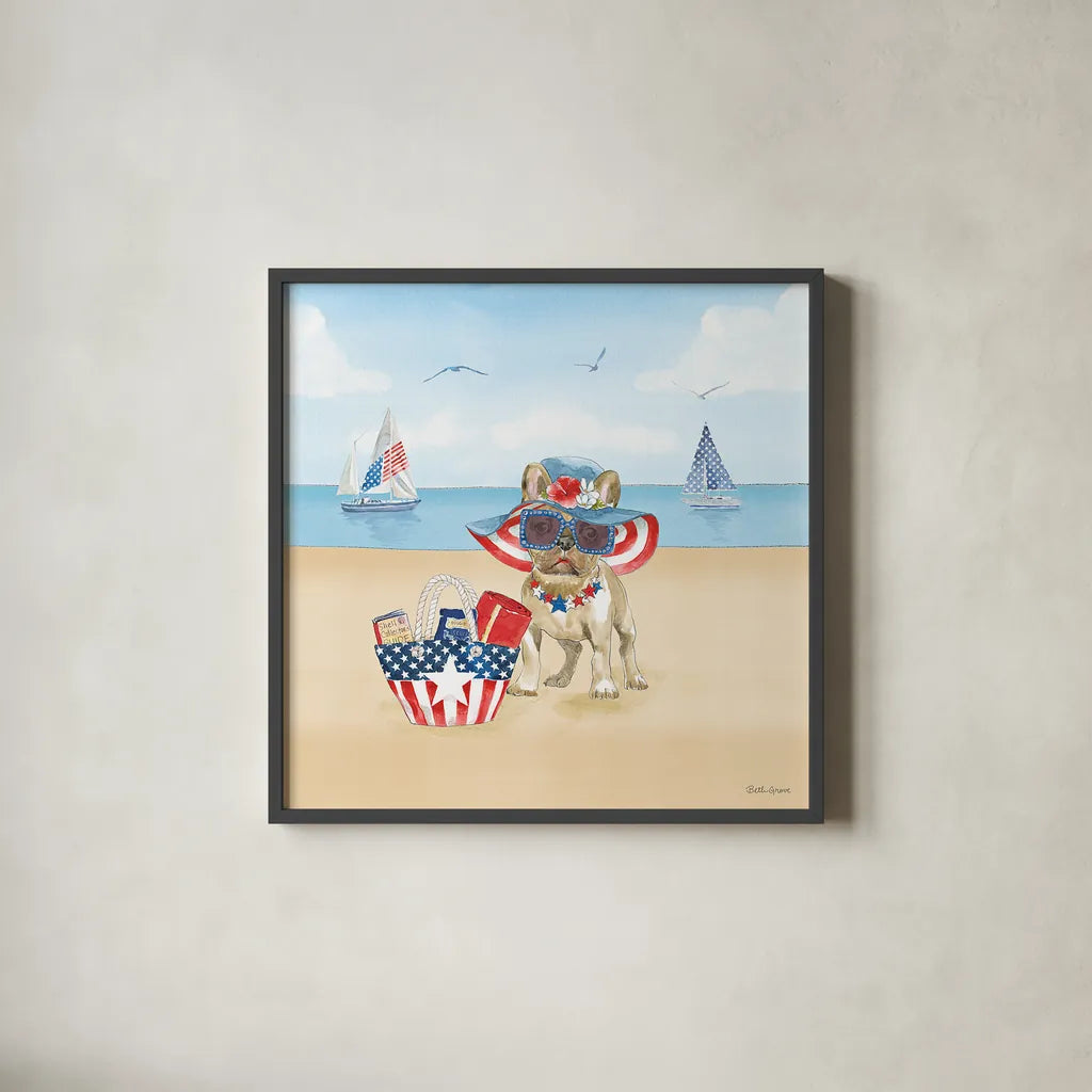 Summer Paws Patriotic IV by Beth Grove. Shown in a sleek black glass frame for a contemporary gallery look. Available as an archival giclee rolled canvas, fine art paper, or poster print. SKU 57365a.