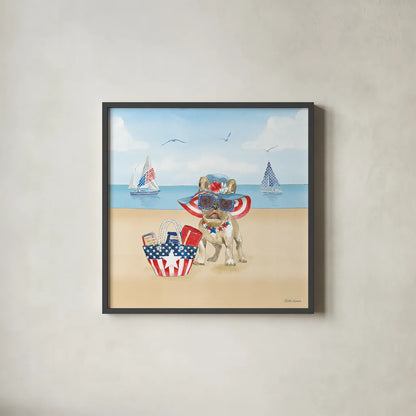 Summer Paws Patriotic IV by Beth Grove. Shown in a sleek black glass frame for a contemporary gallery look. Available as an archival giclee rolled canvas, fine art paper, or poster print. SKU 57365a.