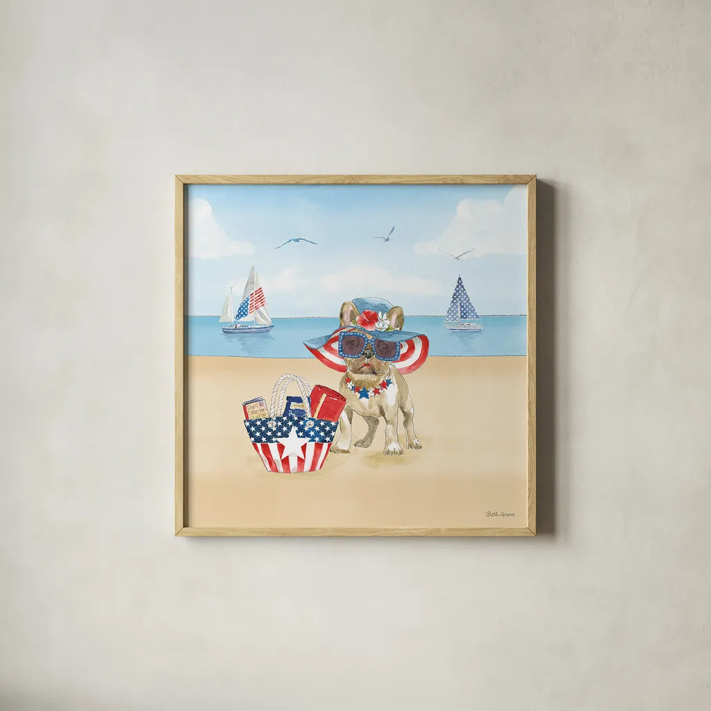 Summer Paws Patriotic IV by Beth Grove. Shown in a natural wood glass frame for a timeless modern aesthetic. Available as an archival giclee rolled canvas, fine art paper, or poster print. SKU 57365a.