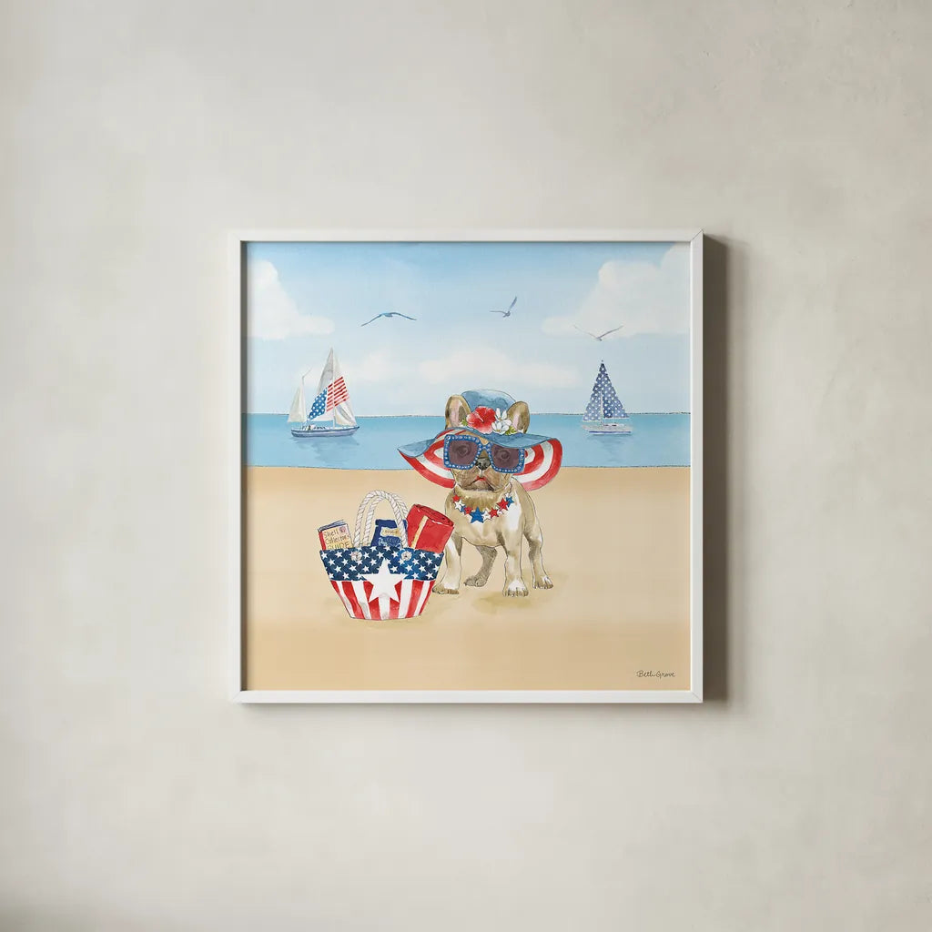Summer Paws Patriotic IV by Beth Grove. Shown in a crisp white glass frame for a clean and minimalist style. Available as an archival giclee rolled canvas, fine art paper, or poster print. SKU 57365a.