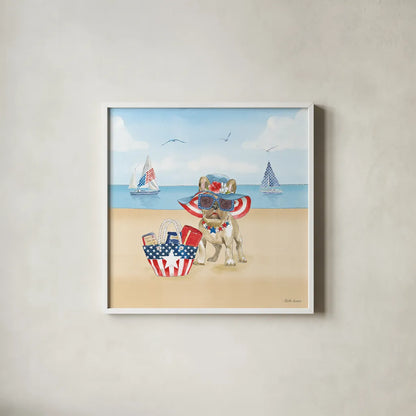 Summer Paws Patriotic IV by Beth Grove. Shown in a crisp white glass frame for a clean and minimalist style. Available as an archival giclee rolled canvas, fine art paper, or poster print. SKU 57365a.