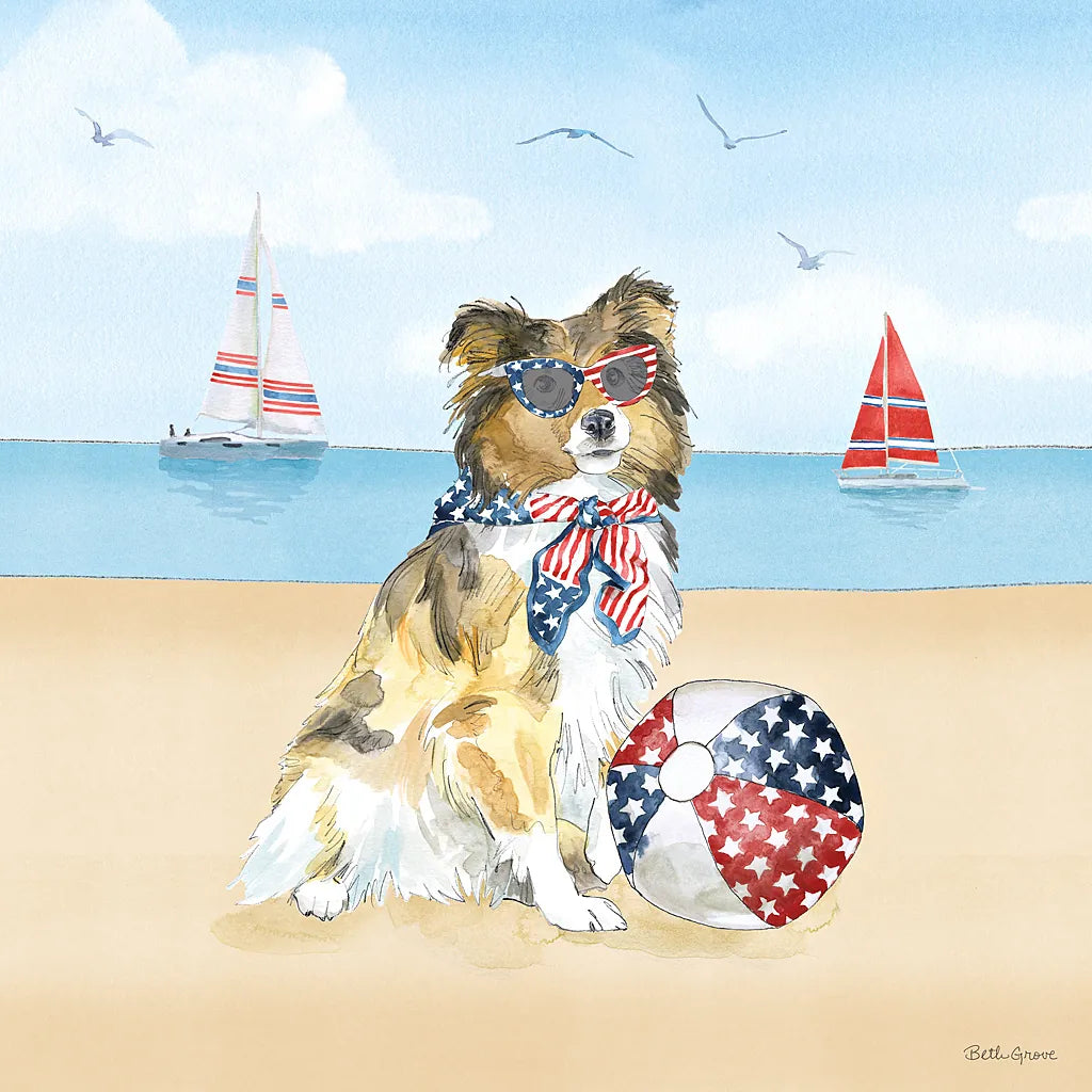 Summer Paws Patriotic V by Beth Grove. SKU 57363a. Archival Giclee Fine art print for wall decor.