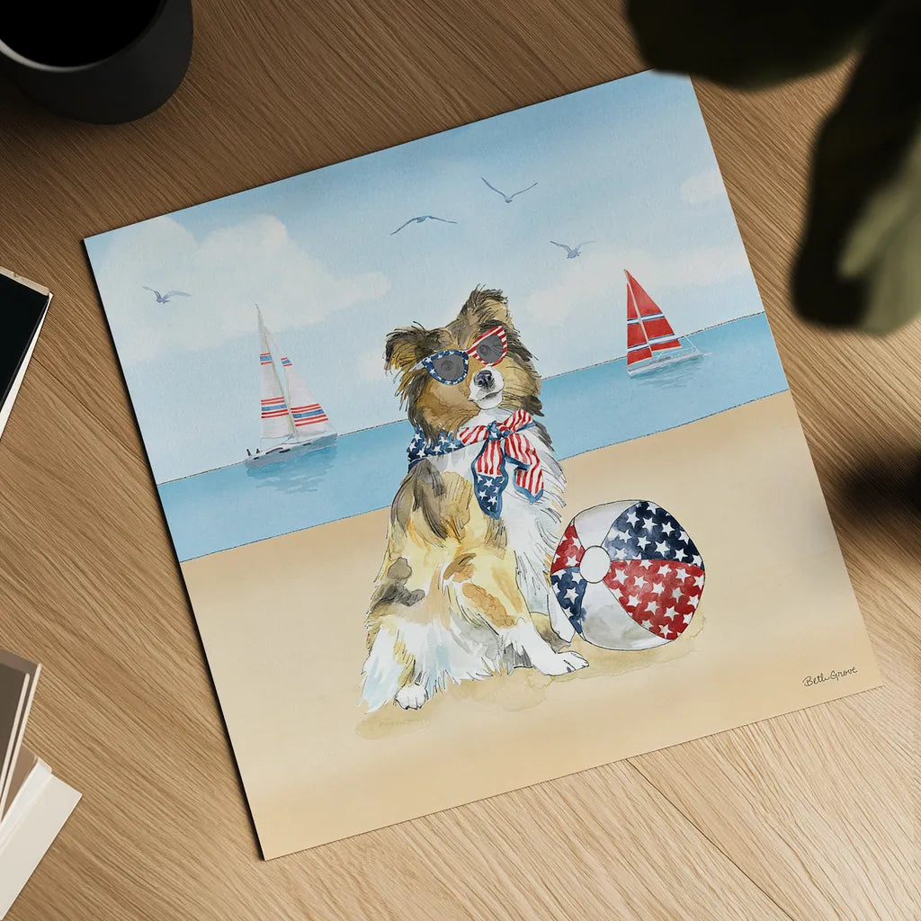 Summer Paws Patriotic V by Beth Grove. Shown as a detailed flat fine art print, highlighting archival giclee quality. Available as an archival giclee rolled canvas, fine art paper, or poster print. SKU 57363a.