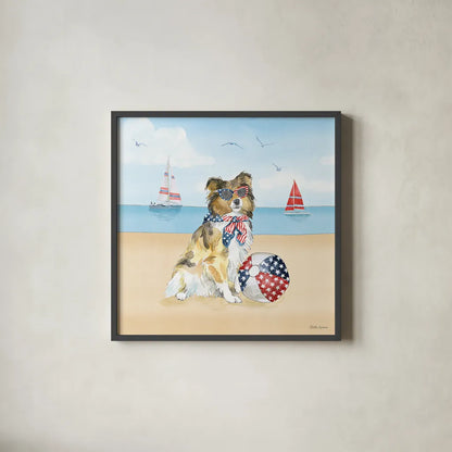 Summer Paws Patriotic V by Beth Grove. Shown in a sleek black glass frame for a contemporary gallery look. Available as an archival giclee rolled canvas, fine art paper, or poster print. SKU 57363a.