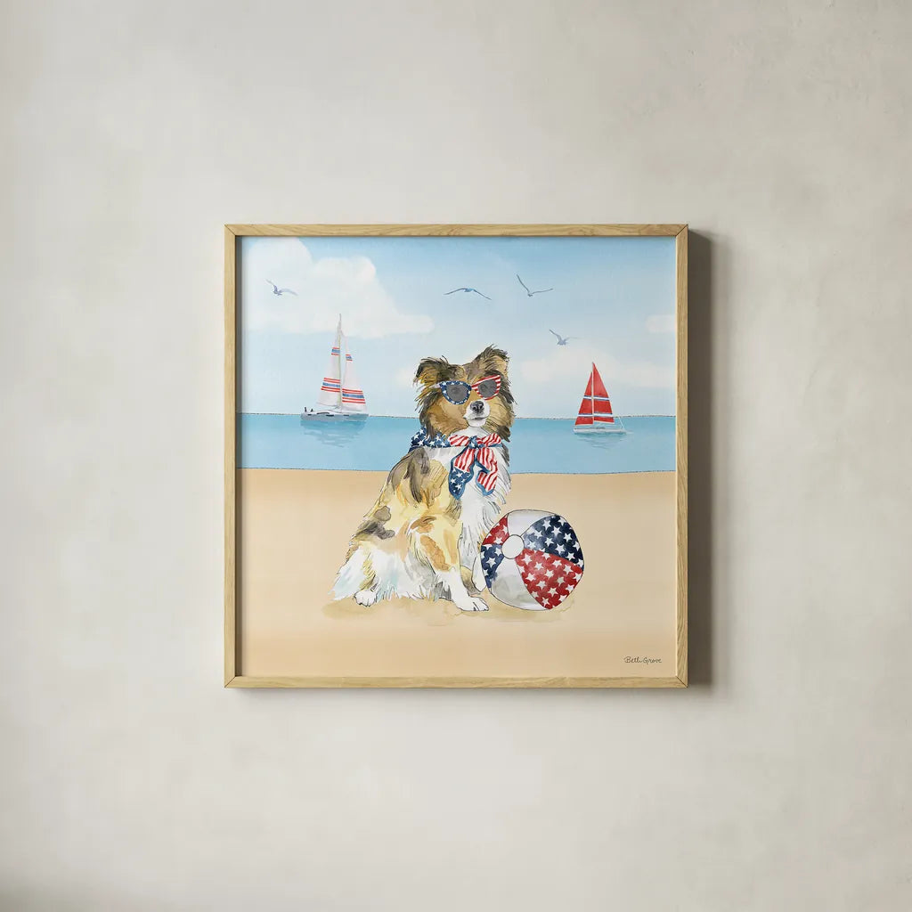 Summer Paws Patriotic V by Beth Grove. Shown in a natural wood glass frame for a timeless modern aesthetic. Available as an archival giclee rolled canvas, fine art paper, or poster print. SKU 57363a.