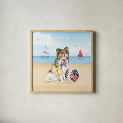 Summer Paws Patriotic V by Beth Grove. Shown in a natural wood glass frame for a timeless modern aesthetic. Available as an archival giclee rolled canvas, fine art paper, or poster print. SKU 57363a.