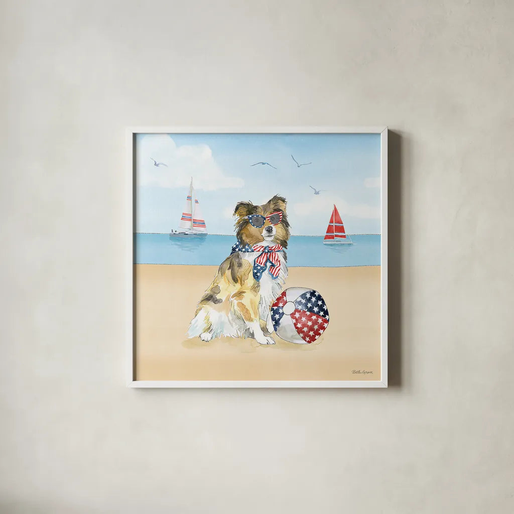 Summer Paws Patriotic V by Beth Grove. Shown in a crisp white glass frame for a clean and minimalist style. Available as an archival giclee rolled canvas, fine art paper, or poster print. SKU 57363a.