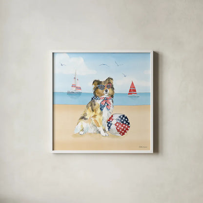 Summer Paws Patriotic V by Beth Grove. Shown in a crisp white glass frame for a clean and minimalist style. Available as an archival giclee rolled canvas, fine art paper, or poster print. SKU 57363a.
