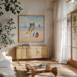 Summer Paws Patriotic V by Beth Grove. Shown in a natural wood frame in a cozy modern living room. Available as an archival giclee rolled canvas, fine art paper, or poster print. SKU 57363a.