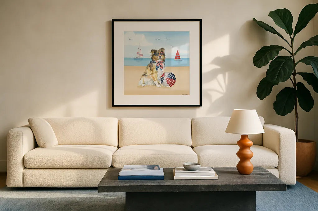 Summer Paws Patriotic V by Beth Grove. Displayed in a glass frame with matte in a clean modern living room. Available as an archival giclee rolled canvas, fine art paper, or poster print. SKU 57363a.