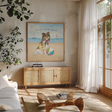 Summer Paws V by Beth Grove. Shown in a natural wood frame in a cozy modern living room. Available as an archival giclee rolled canvas, fine art paper, or poster print. SKU 48187a.