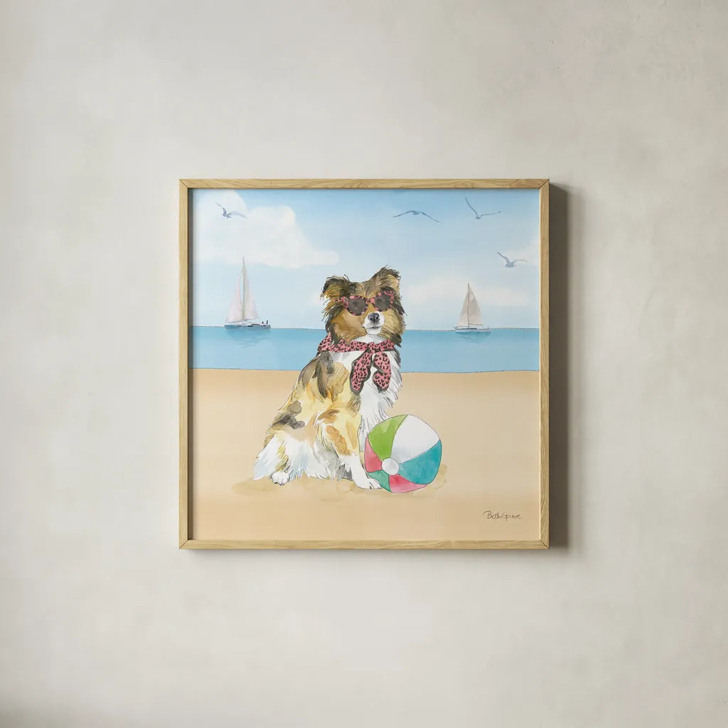 Summer Paws V No Words by Beth Grove. Shown in a natural wood glass frame for a timeless modern aesthetic. Available as an archival giclee rolled canvas, fine art paper, or poster print. SKU 48914a.