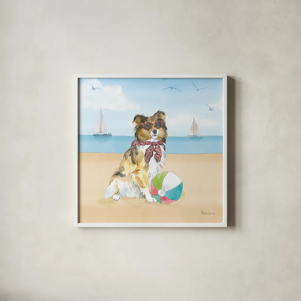 Summer Paws V No Words by Beth Grove. Shown in a crisp white glass frame for a clean and minimalist style. Available as an archival giclee rolled canvas, fine art paper, or poster print. SKU 48914a.