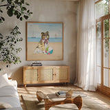 Summer Paws V No Words by Beth Grove. Shown in a natural wood frame in a cozy modern living room. Available as an archival giclee rolled canvas, fine art paper, or poster print. SKU 48914a.