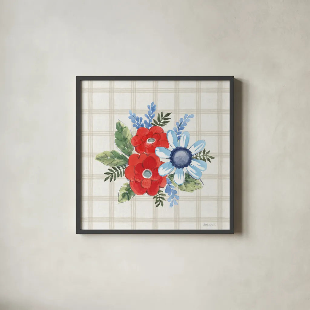 Summer Stems IV by Beth Grove. Shown in a sleek black glass frame for a contemporary gallery look. Available as an archival giclee rolled canvas, fine art paper, or poster print. SKU 101558a.