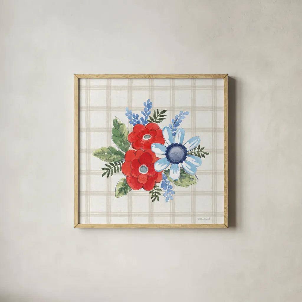 Summer Stems IV by Beth Grove. Shown in a natural wood glass frame for a timeless modern aesthetic. Available as an archival giclee rolled canvas, fine art paper, or poster print. SKU 101558a.