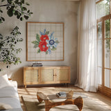 Summer Stems IV by Beth Grove. Shown in a natural wood frame in a cozy modern living room. Available as an archival giclee rolled canvas, fine art paper, or poster print. SKU 101558a.