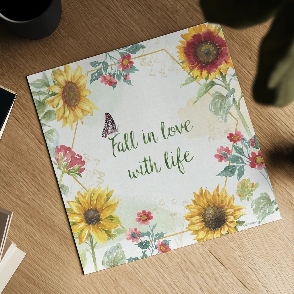 Sunflower Splendor II by Beth Grove. Shown as a detailed flat fine art print, highlighting archival giclee quality. Available as an archival giclee rolled canvas, fine art paper, or poster print. SKU 65340a.